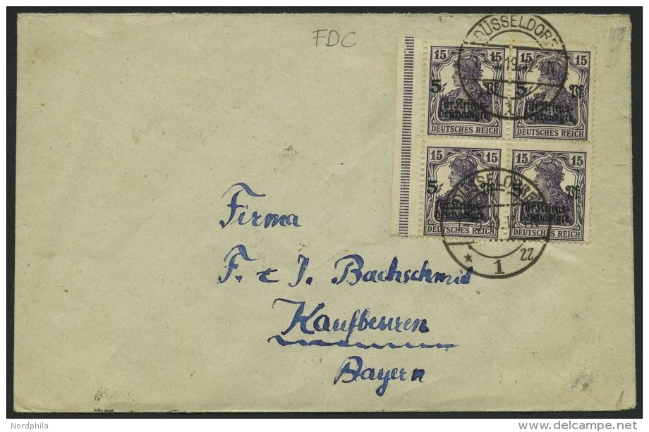 Dt. Reich 106a VB BRIEF, 1919, 15 Pf. Dunkelviolett Kriegsgeschädigte Im Randviererblock Mit Ersttagsstempel Auf Br - Oblitérés