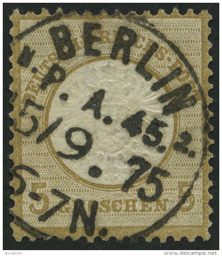 Dt. Reich 22 O, 1872, 5 Gr. Schwärzlichocker, Stempel BERLIN P.A.45. N2 15.9.75 (als 50 Pf.-Marke Aufgebraucht), Pr - Oblitérés