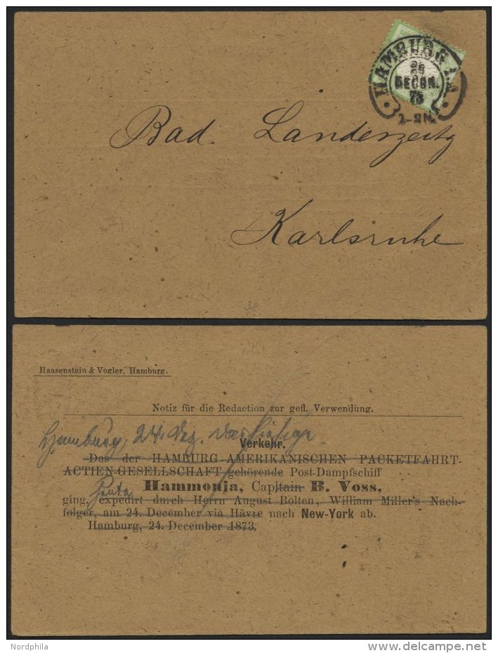 Dt. Reich 17a BRIEF, 1873, 1/3 Gr. Gelblichgrün Mit Hufeisenstempel HAMBURG I.A. Auf Drucksache Nach Karlsruhe, R&u - Oblitérés