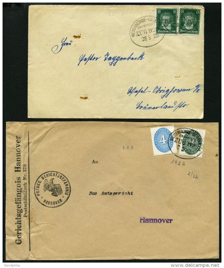 BAHNPOST Wesermünde-Bederkesa (Zug 149 Und 920), 1928 Und 1932, 2 Briefe Feinst - Machines à Affranchir (EMA)