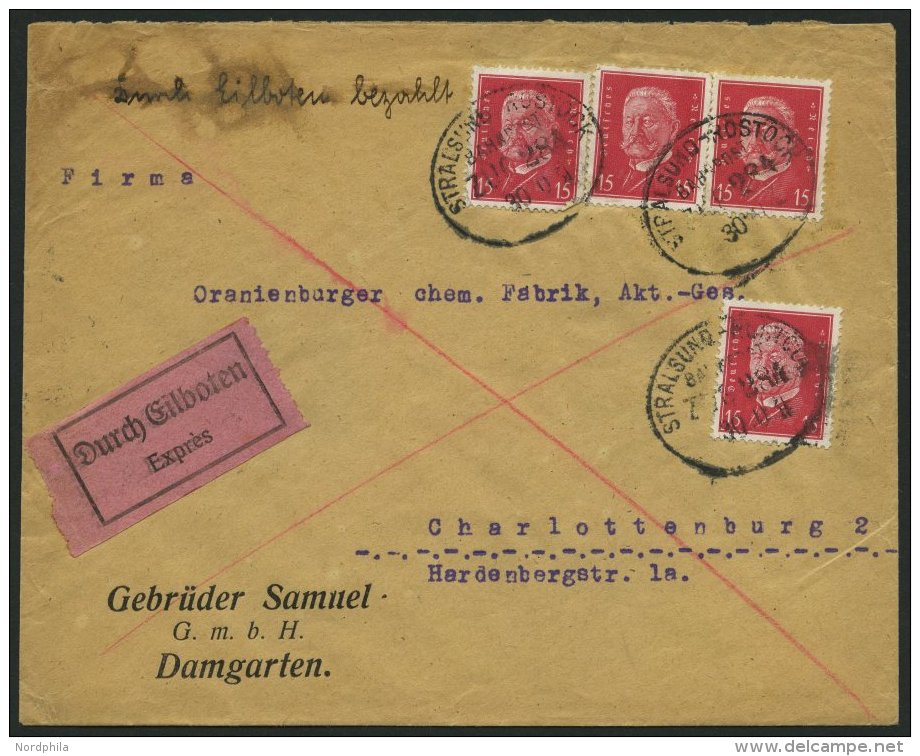 BAHNPOST DR 414 BRIEF, Stralsund-Rostock (Zug 284) Auf Eilbotenbrief Mit 4x 15 Pf. Hindenburg Von 1931, Feinst - Macchine Per Obliterare (EMA)