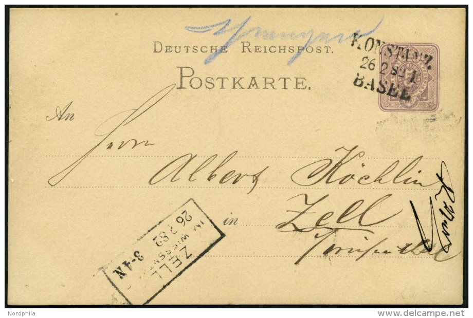 BAHNPOST DR P 10 BRIEF, Konstanz-Basel, L3 Und Handschriftlich SCHLINGEN Auf 5 Pf. Ganzsachenkarte Von 1882, Pracht - Machines à Affranchir (EMA)