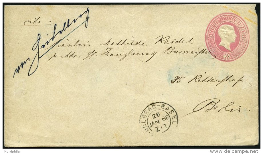 BAHNPOST Baden U 12 BRIEF, Heidelberg-Basel, K2 Und Handschriftlich VON HEIDELBERG Auf 3 Kr. Ganzsachenumschlag Von 1868 - Machines à Affranchir (EMA)