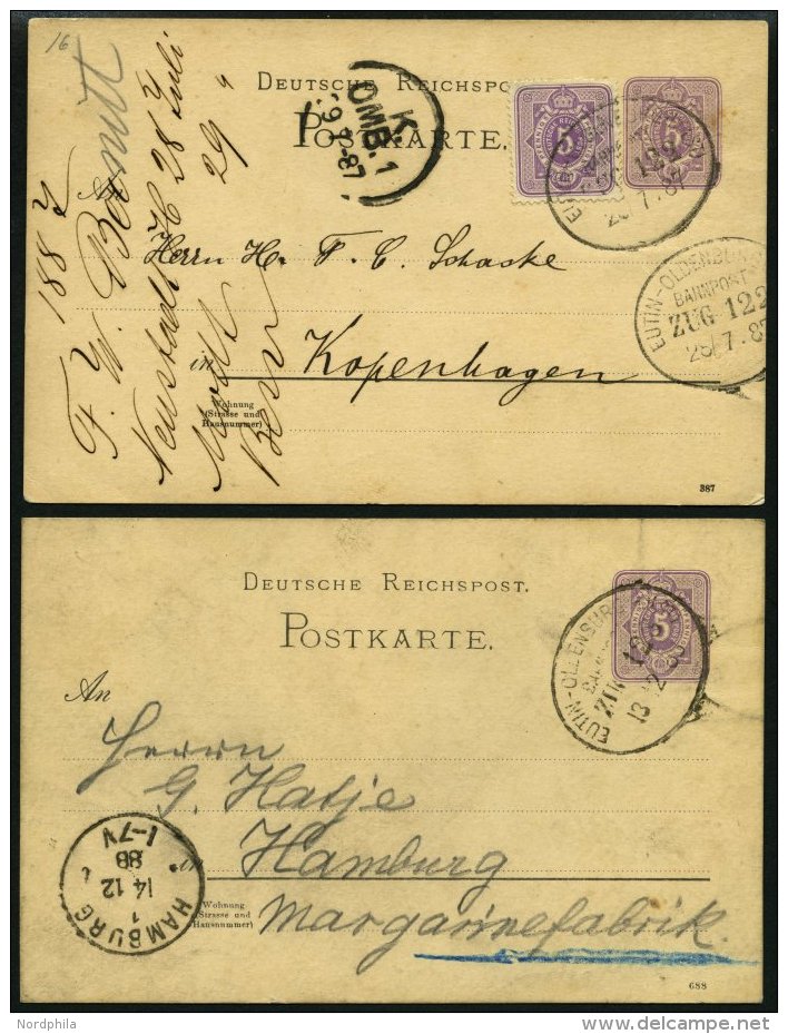 BAHNPOST Eutin-Oldenburg (Zug 122/23), 1887/1888, 2 Karten Fast Nur Pracht - Maschinenstempel (EMA)