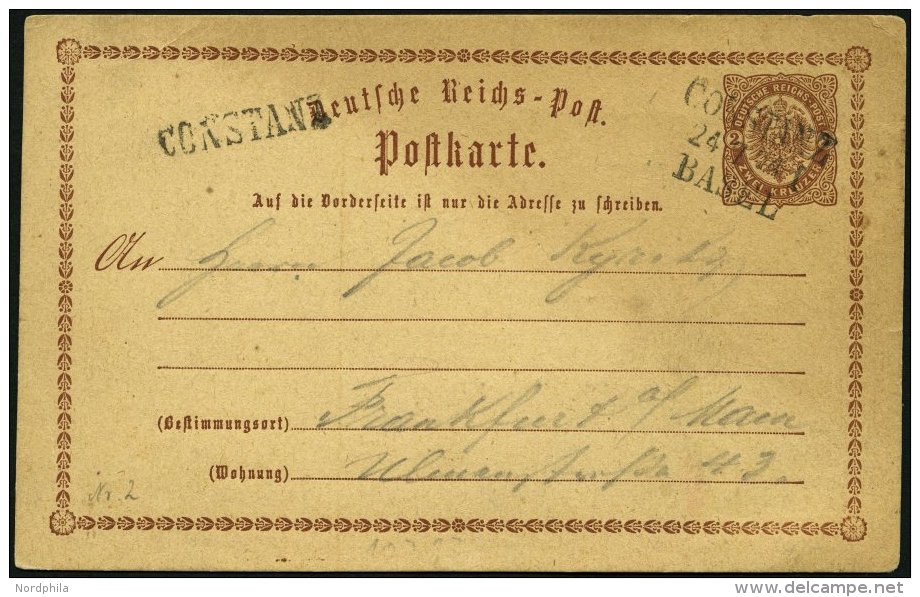 BAHNPOST DR P 2 BRIEF, Constanz-Basel, L3 Und Abgedeckter Bahnpoststempel CONSTANZ Auf 2 Kr. Ganzsachenkarte Von 1874, F - Machines à Affranchir (EMA)