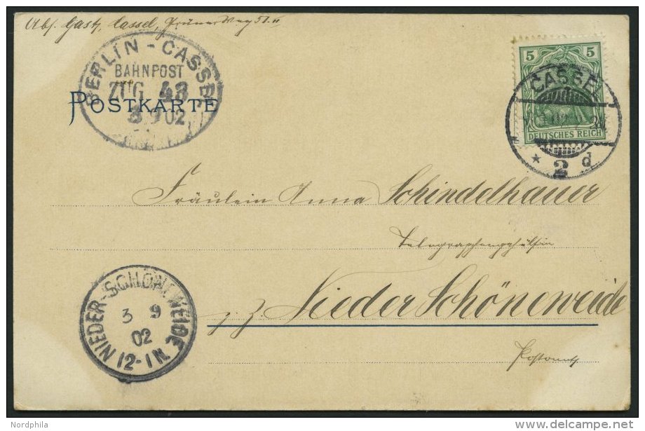 BAHNPOST DR 70 BRIEF, Berlin-Cassel (Zug 43) Als Ankunftsstempel Auf Ansichtskarte Mit 5 Pf Germania Von 1902, Pracht - Machines à Affranchir (EMA)