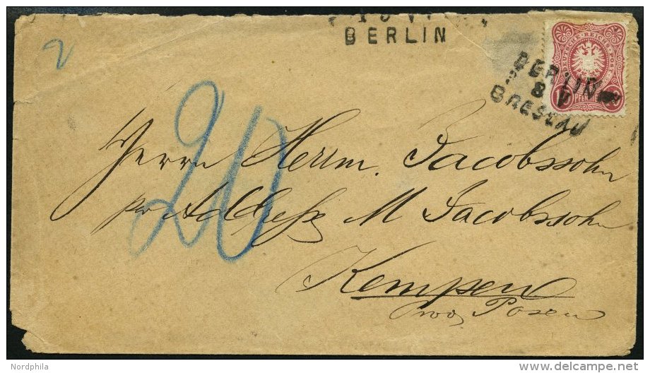 BAHNPOST DR 33 BRIEF, Berlin-Breslau, L3 Und Abgedeckter Bahnpoststempel BERLIN Auf Brief Mit 10 Pfe. Karmin Von 1881, F - Machines à Affranchir (EMA)