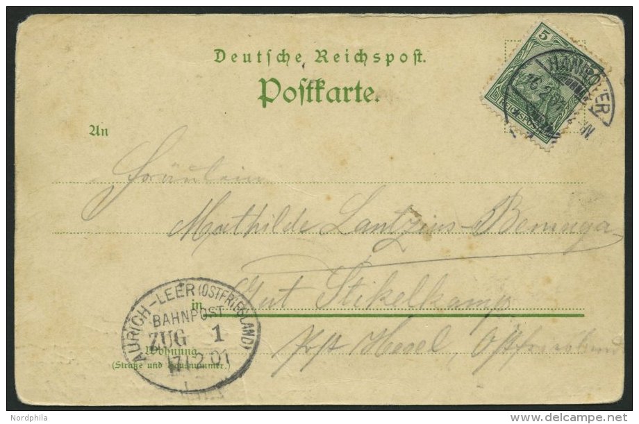 BAHNPOST DR 55 BRIEF, Aurich-Leer (Zug 1) Als Ankunftsstempel Auf Ansichtskarte Mit 5 Pf Reichspost Von 1901, Feinst - Machines à Affranchir (EMA)