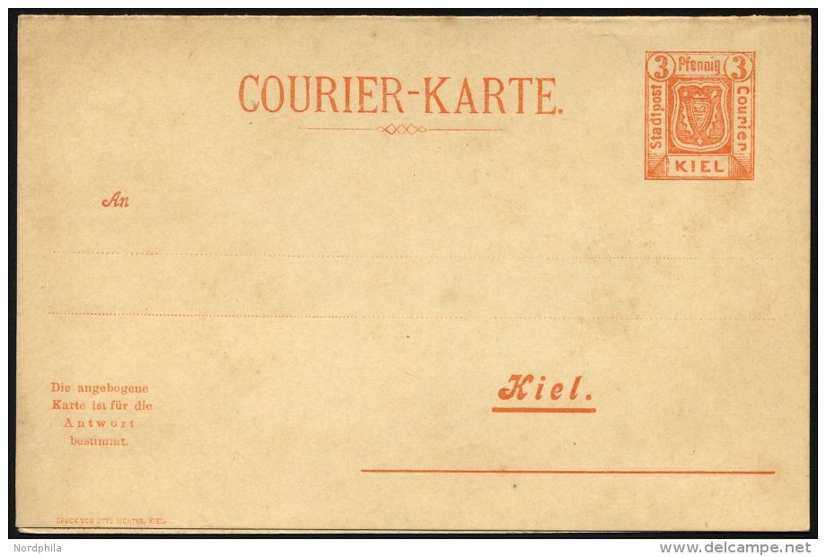 KIEL A P 22F BRIEF, COURIER: 1899, 3/3 Pf. Orange, Antwort-Doppelkarte Mit Fehldruck Auf Antwortteil, Ungebraucht, Prach - Postes Privées & Locales