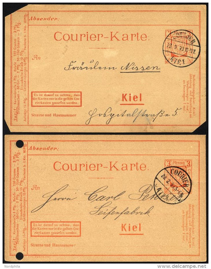 KIEL A P 19/20 BRIEF, COURIER: 1898/9, 3 Pf. Orange Einschreib-Briefe 15 Pf. Und Einschreib-Briefe 10 Pf., Beide Karten - Postes Privées & Locales