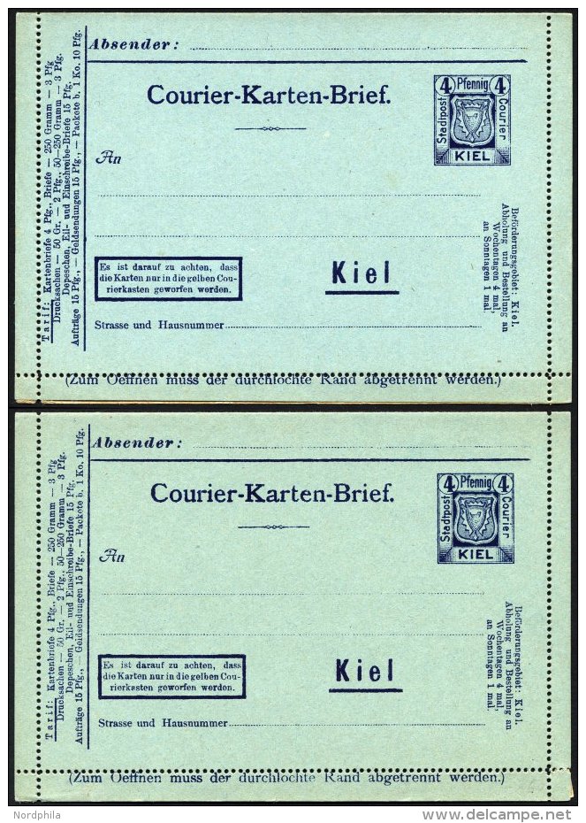 KIEL A K 5 BRIEF, COURIER: 1898, 4 Pf. Dunkelblau Kartenbrief, 2 Verschiedene Kartonfarben, Ungebraucht, Feinst/Pracht - Postes Privées & Locales