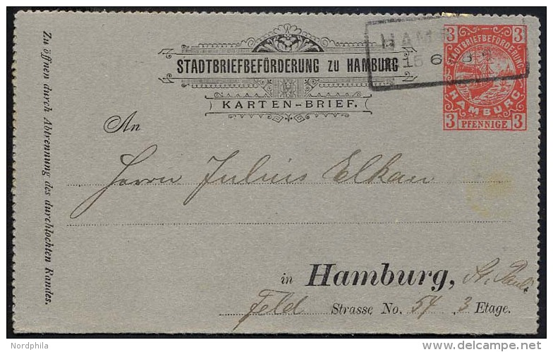 HAMBURG D K 1 BRIEF, HAMMONIA I: 1887, Kartenbrief, 3 Pf. Rot Auf Blaugrau, R2, Pracht - Postes Privées & Locales