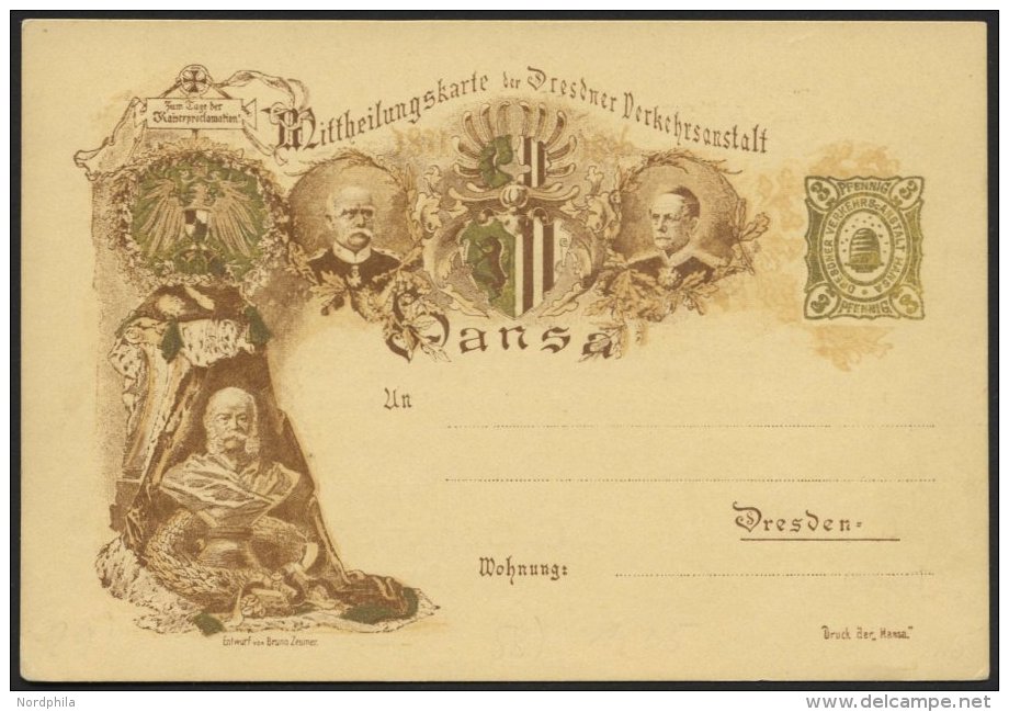 DRESDEN C P 57 BRIEF, HANSA: 1896, 3 Pf. Golden 25. Jahrestag Der Kaiserproklamation Wilhelm I., Druck Braun, Ungebrauch - Postes Privées & Locales