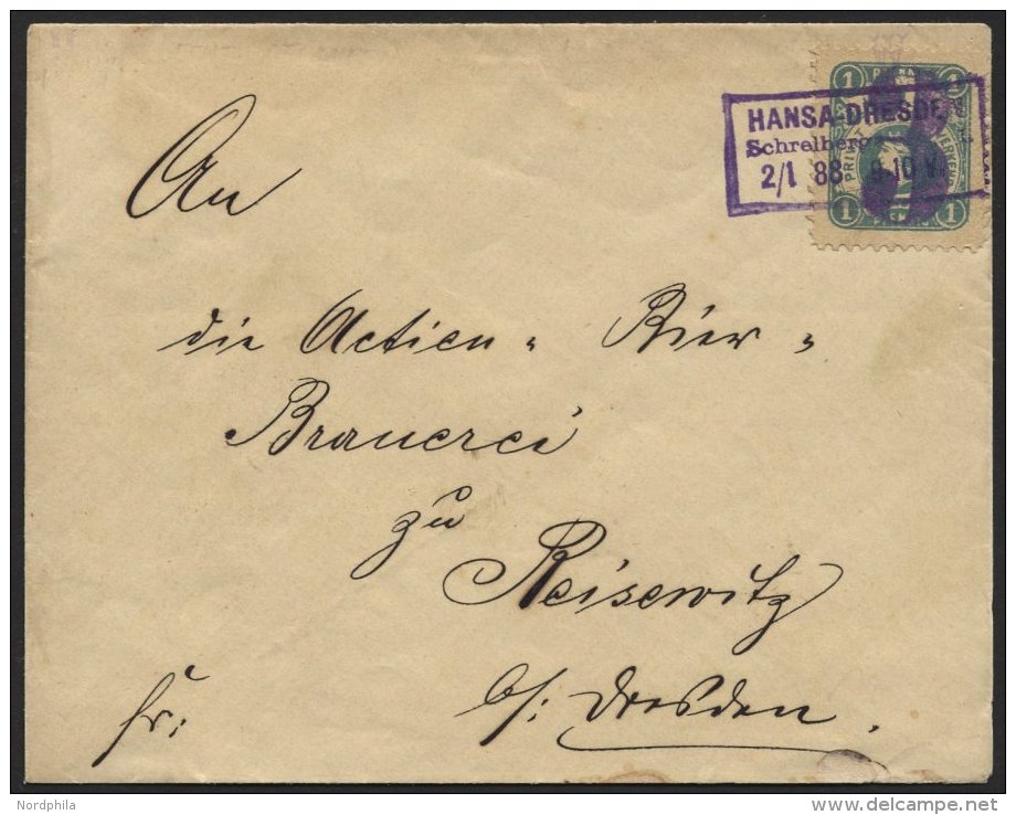 DRESDEN C 52Aa BRIEF, HANSA: 1887, 3 Auf 1 Pf. Mattblau Neujahrsaushilfsausgabe, Aufdruck Type IX, Gezähnt, Aufdruc - Postes Privées & Locales