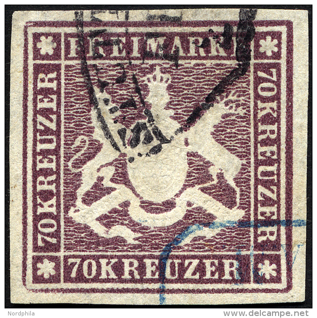 WÜRTTEMBERG 42a O, 1873, 70 Kr. Braunlila, Rückseitig Oben Geringer Papierauftrag Sonst Farbfrisches Prachtst& - Autres & Non Classés