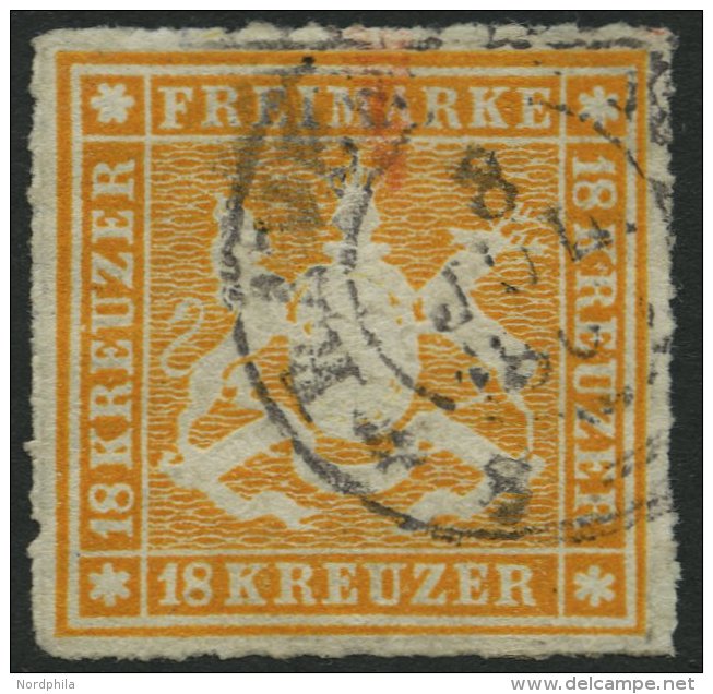 WÜRTTEMBERG 34 O, 1867, 18 Kr. Orangegelb, Kleine Eckkorrektur Sonst Pracht, Gepr. Heinrich, Mi. 1000.- - Autres & Non Classés