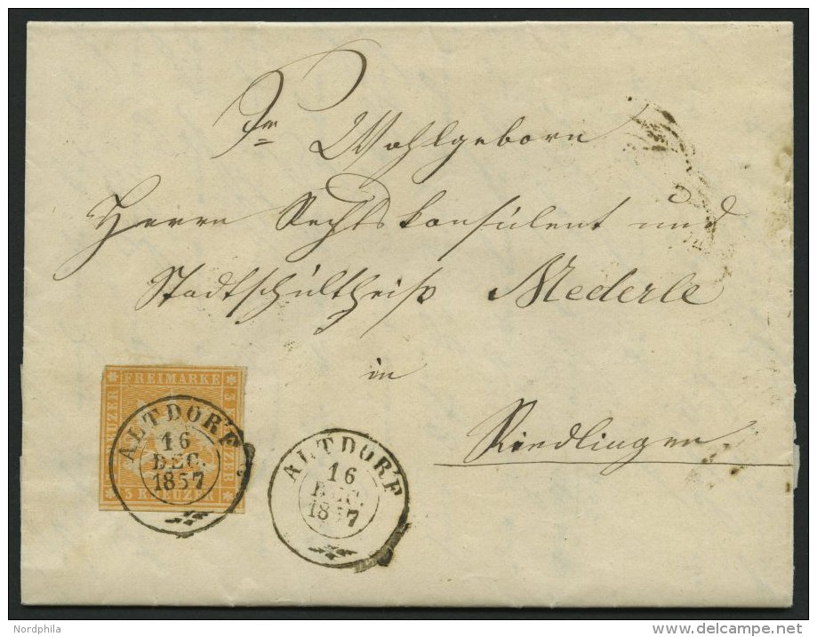 WÜRTTEMBERG 7c BRIEF, 1857, 3 Kr. Orange (dreiseitig Breitrandig) Auf Brief Mit K2 ALTDORF, Pracht, Gepr. Irtenkauf - Autres & Non Classés