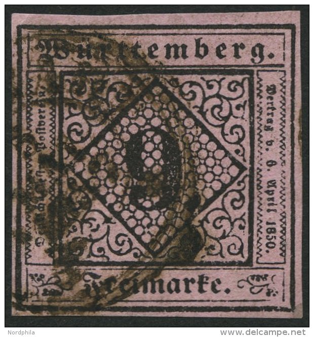 WÜRTTEMBERG 4c O, 1851, 9 Kr. Schwarz Auf Dunkelrosa, Bugspur Sonst Farbfrisch, Pracht, Gepr. Heinrich, Mi. 300.- - Autres & Non Classés