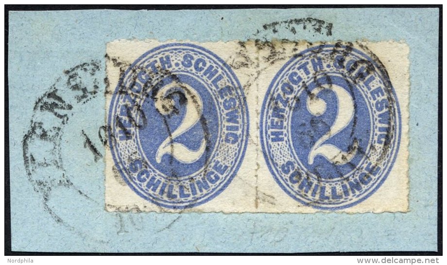 SCHLESWIG-HOLSTEIN 16 Paar BrfStk, 1865, 2 S. Grauultramarin Im Waagerechten Paar Auf Briefstück, K2 FLENSBURG, Pra - Schleswig-Holstein