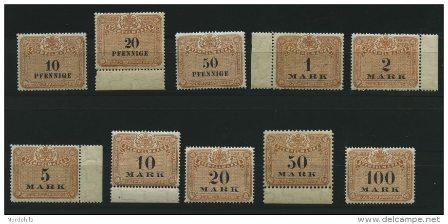 SACHSEN **, 1910, 10 Pf. - 100 Mk. Stempelmarken, Wz. Treppen, 10 Werte Postfrisch, Pracht - Saxe