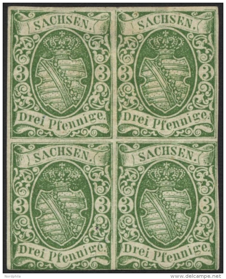 SACHSEN 2IIa VB *, 1851, 3 Pf. Saftiggrün, Späte Auflage, Im Viererblock, Unten Berührt Sonst Voll-breitr - Saxe