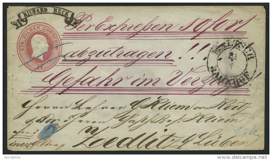 PREUSSEN U 8A3 BRIEF, 1853, 1 Sgr. Ganzsachenumschlag Mit K2 MALTSCH BAHNHOF Und Rotem Handschriftlichen Vermerk Per Exp - Autres & Non Classés