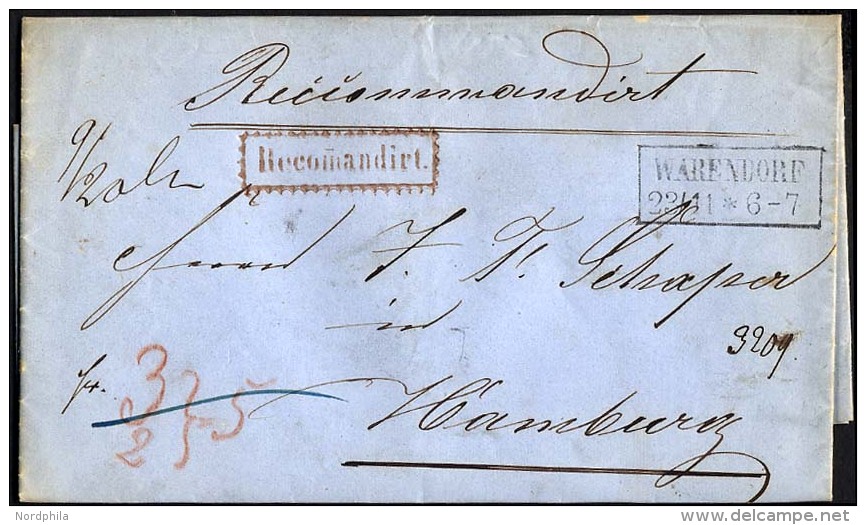 PREUSSEN 1857, Recomandirt, Roter R1 Auf Brief Von WARENDORF (R2) Nach Hamburg, Pracht - Autres & Non Classés