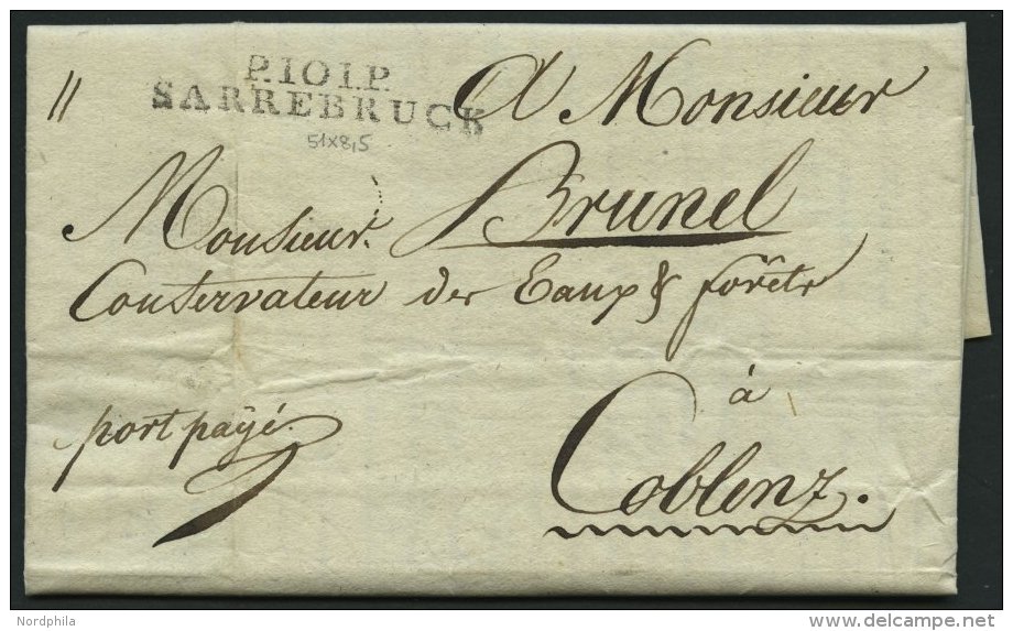PREUSSEN 1812, P.101.P. SAAREBRUCK, L2 Auf Brief Mit Absender Aus Kleinblittersdorf Nach Coblenz, Pracht - Préphilatélie