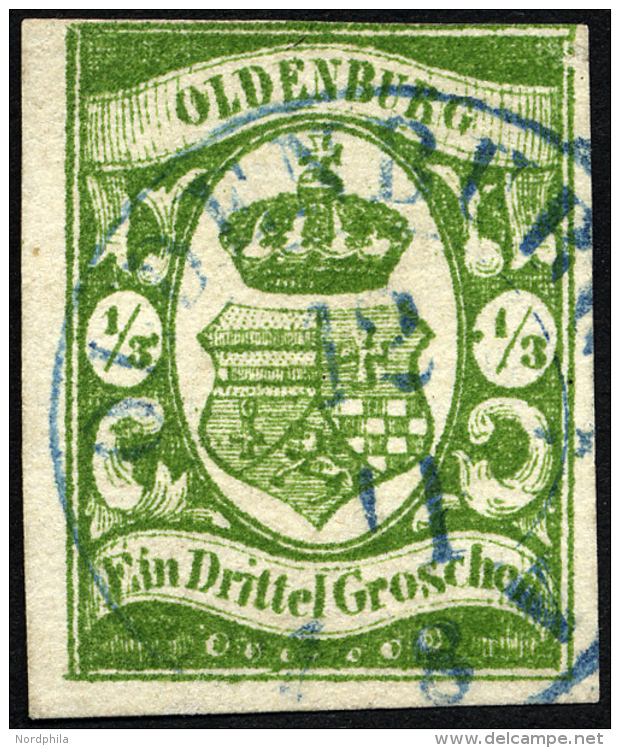 OLDENBURG 10b O, 1861, 1/3 Gr. Moosgrün, Fotoattest Brettl: Drei Seiten Breitrandig, Oben Rechts Berührt. Winz - Oldenbourg