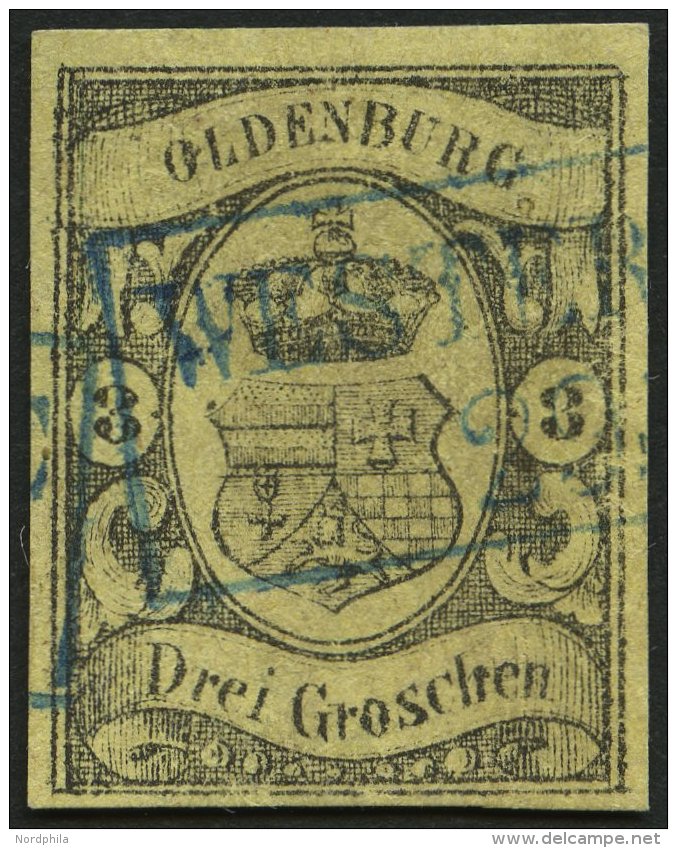 OLDENBURG 8 O, 1859, 3 Gr. Schwarz Auf Graugelb, Blauer R2 WESTERSTEDE, Kaum Sichtbare Punkthelle Stelle Sonst Pracht, G - Oldenbourg