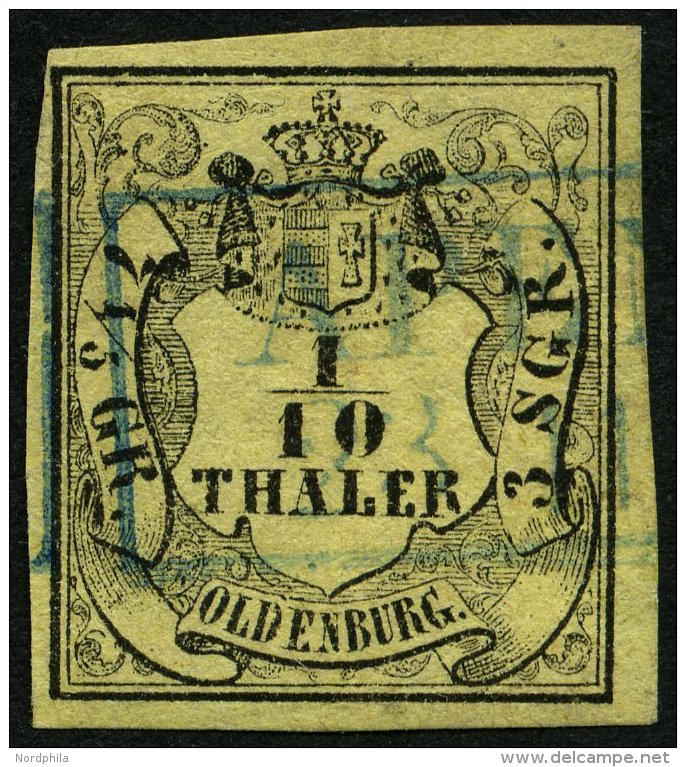 OLDENBURG 4a O, 1852, 1/10 Th. Schwarz Auf Hellgelb, Blauer R2 APEN, Pracht, Gepr. Pfenninger, Mi. 120.- - Oldenbourg