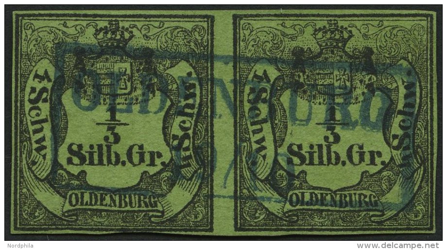 OLDENBURG 1 Paar O, 1855, 1/3 Sgr. Schwarz Auf Grünoliv Im Waagerechten Paar, Idealer Zentrischer Blauer R2 OLDENBU - Oldenburg