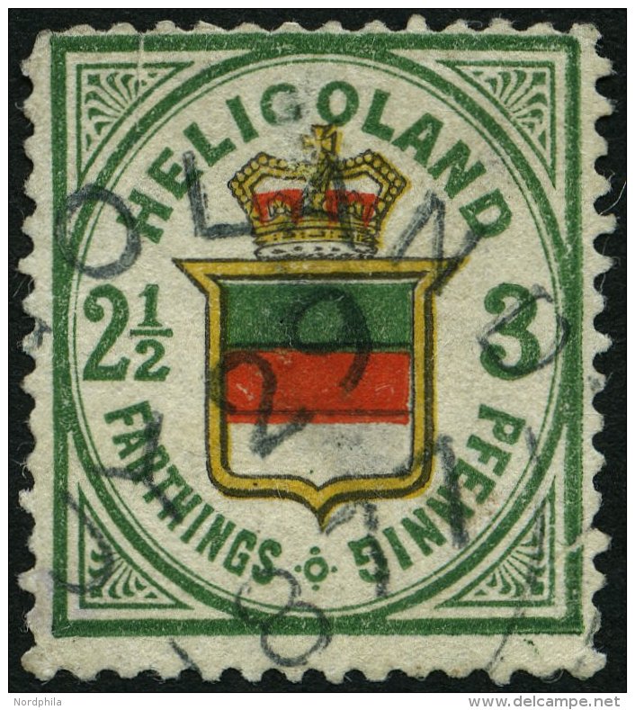 HELGOLAND 17b O, 1877, 3 Pf. Grün/orange/zinnoberrot, Rundstempel, Starke Mängel, Fein, Gepr. U.a. W. Engel, M - Héligoland