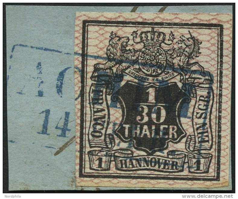 HANNOVER 10a BrfStk, 1856, 1/30 Th. Schwarz, Rosa Genetzt, Blauer R2 ACHIM, Kabinettbriefstück - Hanovre