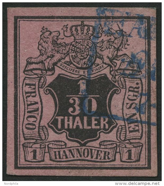 HANNOVER 3bW O, 1855, 1/30 Th. Schwarz Auf Himberrot, Kopfstehendes Wz., Punkthelle Stelle Sonst Pracht, Mi. 300.- - Hanovre
