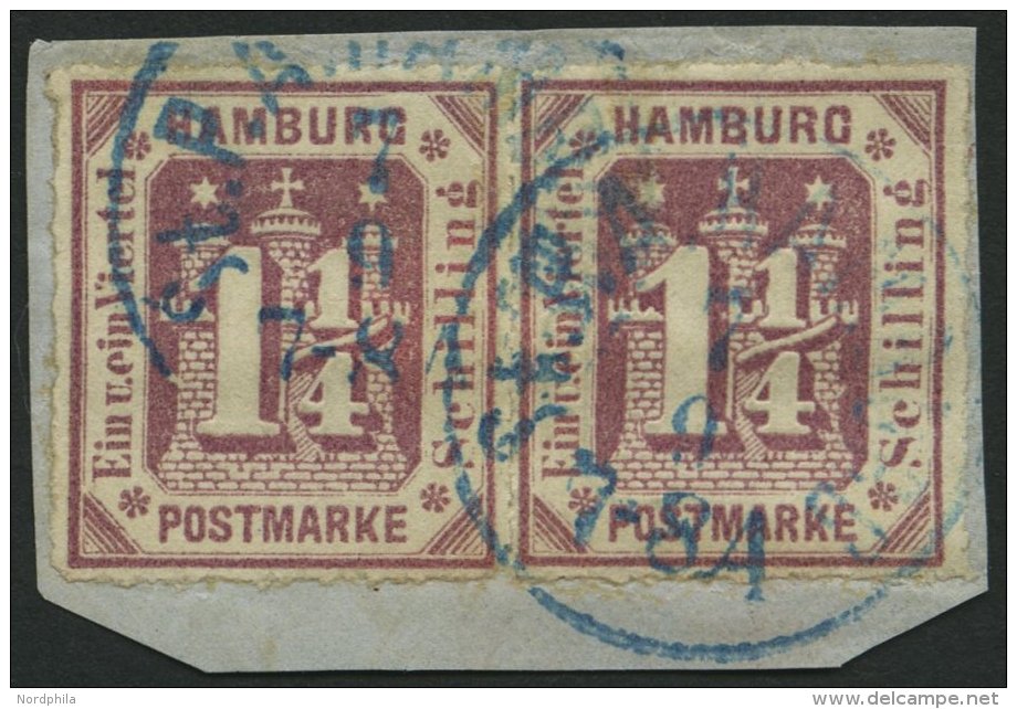 HAMBURG 20a Paar BrfStk, 1866, 11/4 S. Dunkelbraunviolett Im Waagerechten Paar, Blauer K1, Prachtbriefstück - Hambourg