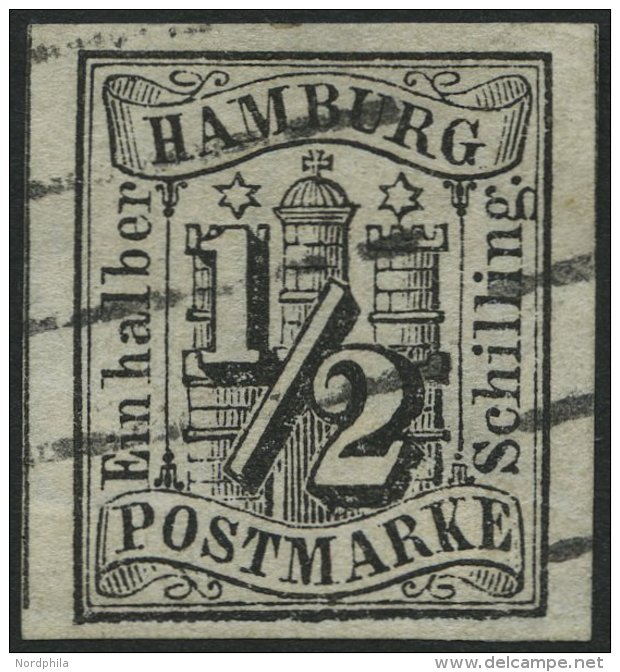 HAMBURG 1 O, 1859, 1/2 S. Schwarz, Helle Stelle Sonst Breitrandig Pracht, Gepr. Lange, Mi. 750.- - Hambourg