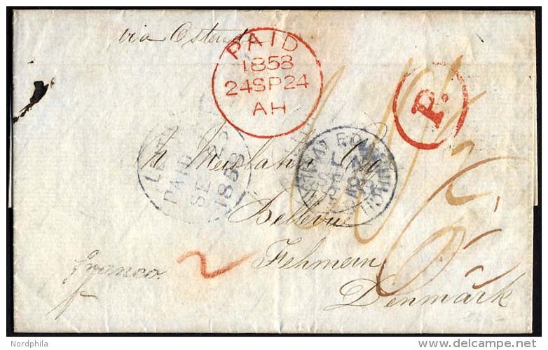 HAMBURG - GRENZÜBERGANGSSTEMPEL 1858, Rotes P Auf Brief Von Leith (K1) Nach Fehmarn, Paid-Stempel Und Durchgangsste - Préphilatélie