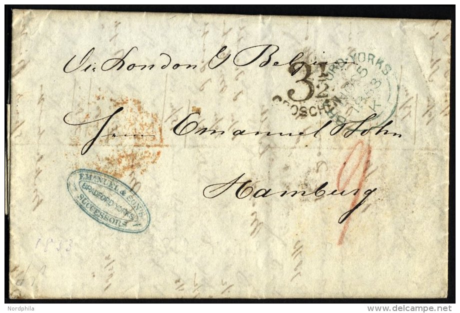 HAMBURG - GRENZÜBERGANGSSTEMPEL 1853, 31/2 Groschen, Sonderform Auf Brief Von Bradfort/York (blauer K1) Nach Hambur - Préphilatélie