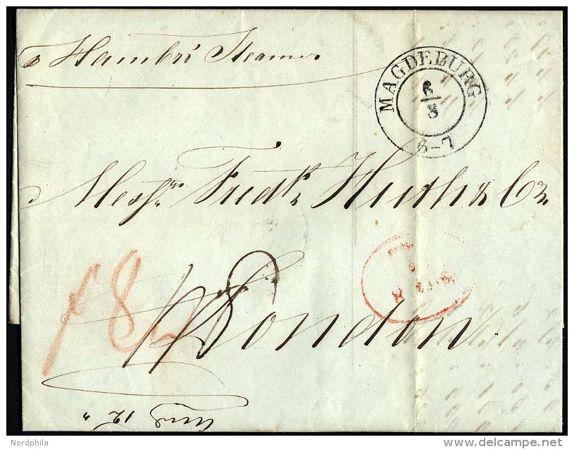 HAMBURG - GRENZÜBERGANGSSTEMPEL 1845, T 8 AUG, In Rot Auf Brief Von Magdeburg (K2) Nach London, Handschriftlich Ham - Préphilatélie