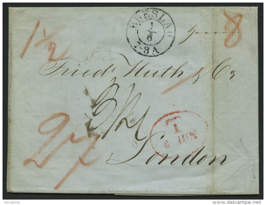 HAMBURG - GRENZÜBERGANGSSTEMPEL 1843, T 6 JUN, In Rot Auf Brief Von BRESLAU (K2) Nach London, Feinst - Préphilatélie