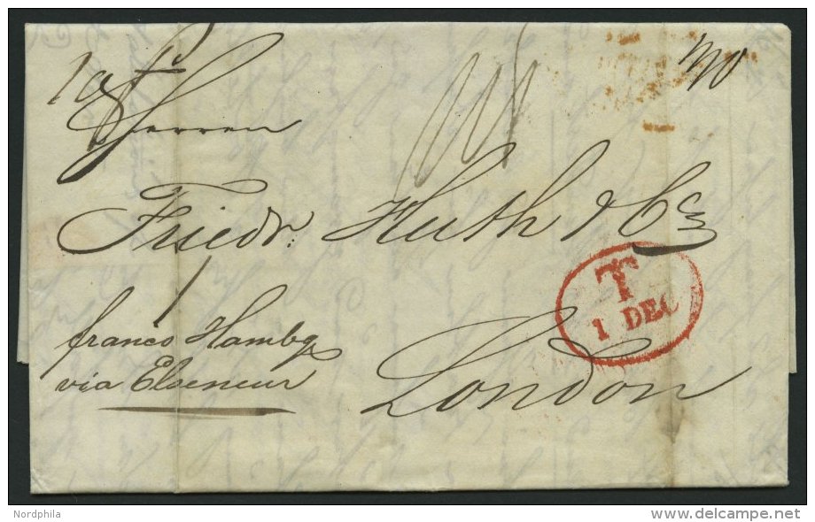 HAMBURG - GRENZÜBERGANGSSTEMPEL 1843, T 1 DEC, In Rot Auf Brief Von Götheborg (rückseitig R3) Nach London - Préphilatélie