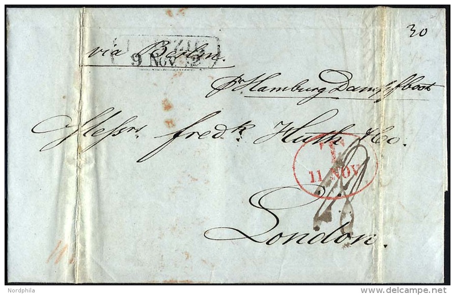HAMBURG - GRENZÜBERGANGSSTEMPEL 1842, T 11 NOV, In Rot Auf Brief Von Leipzig (R2) Nach London, Handschriftlich Per - Préphilatélie