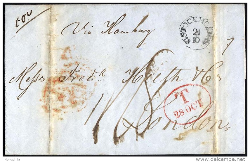 HAMBURG - GRENZÜBERGANGSSTEMPEL 1842, T 28 OCT, In Rot Auf Brief Von STOCKHOLM (K1) Nach London, Handschrifltich Vi - Préphilatélie