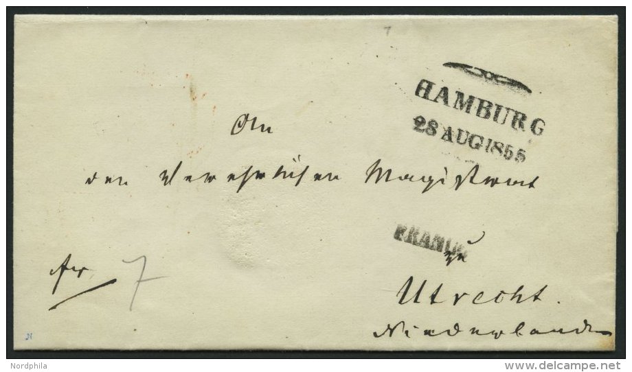 HAMBURG VORPHILA 1855, HAMBURG., Schmetterlingsstempel Auf Brief Nach Utrecht (NL), L1 FRANCO Und Rückseitig Mit Na - Autres & Non Classés