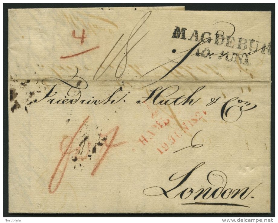 HAMBURG VORPHILA 1821, HAMBURG., Roter L2 Mit Turm Auf Brief Von Magdeburg Nach London, Feinst - Autres & Non Classés
