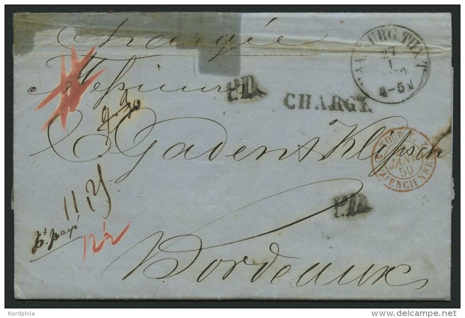 HAMBURG - THURN UND TAXISCHES O.P.A. 1859, HAMBURG T &amp; T, K1 Auf Chargé-Brief Nach Bordeaux, 2x L1 CHARG&Eacu - Préphilatélie