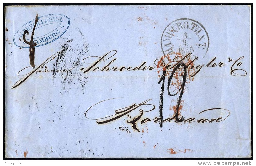 HAMBURG - THURN UND TAXISCHES O.P.A. 1855, HAMBURG Th.&amp; T., K1 Auf Brief Nach Bordeaux, Rückseitiger Durchgangs - Préphilatélie