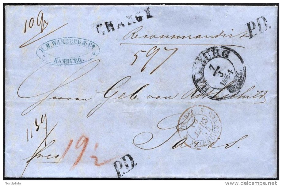 HAMBURG - THURN UND TAXISCHES O.P.A. 1854, HAMBURG Th.&amp; T., K3 Auf Reco-Brief Nach Paris, Diverse Nebenstpl. Mit CHA - Préphilatélie