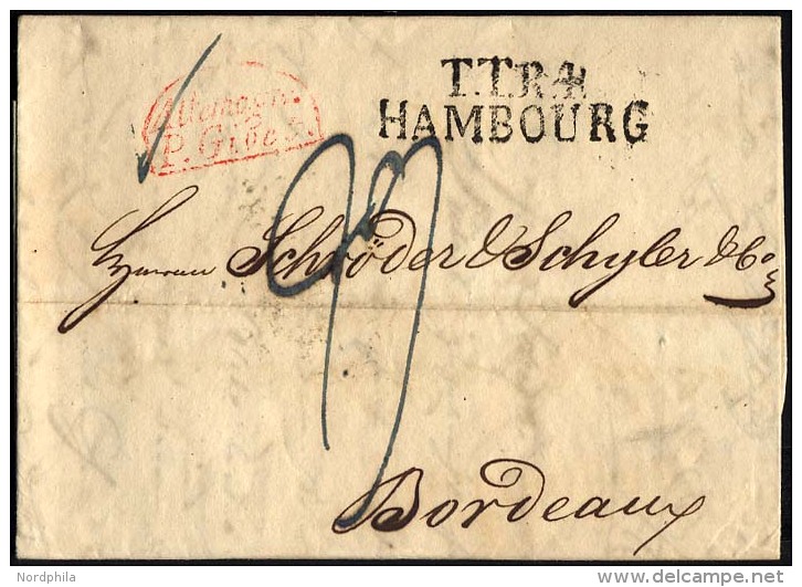 HAMBURG - THURN UND TAXISCHES O.P.A. 1829, TT.R.4. HAMBOURG, L2 Auf Brief Nach Bordeaux, Roter Segmentstempel ALLEMAGNE - Préphilatélie